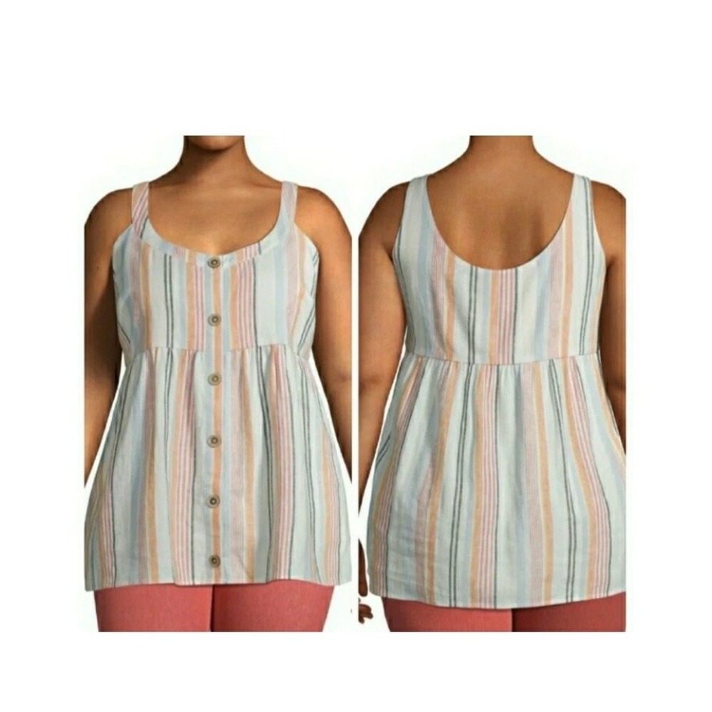 Terra & Sky 1X Striped Button Down Linen Scoop Neck‎ Tank Minimalist Capsule